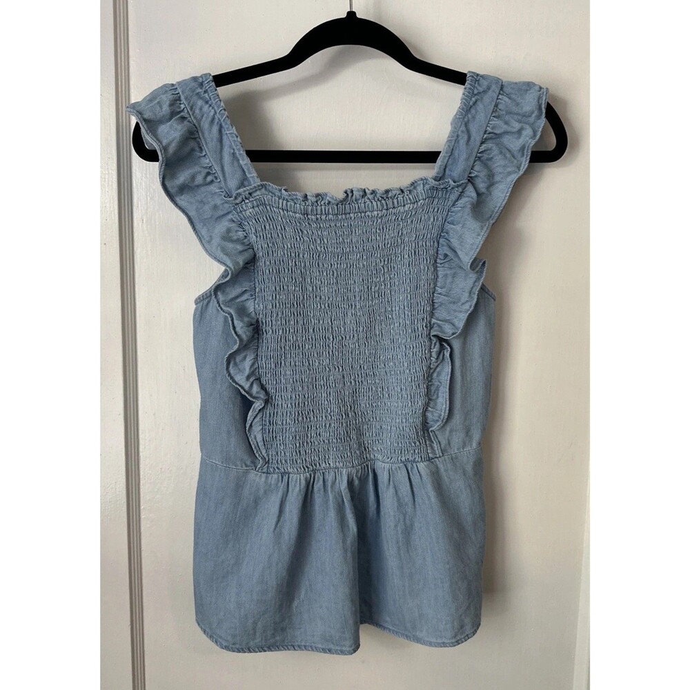 Old Navy Peplum Top Smocked Ruffle Chambray Blouse Womens Medium